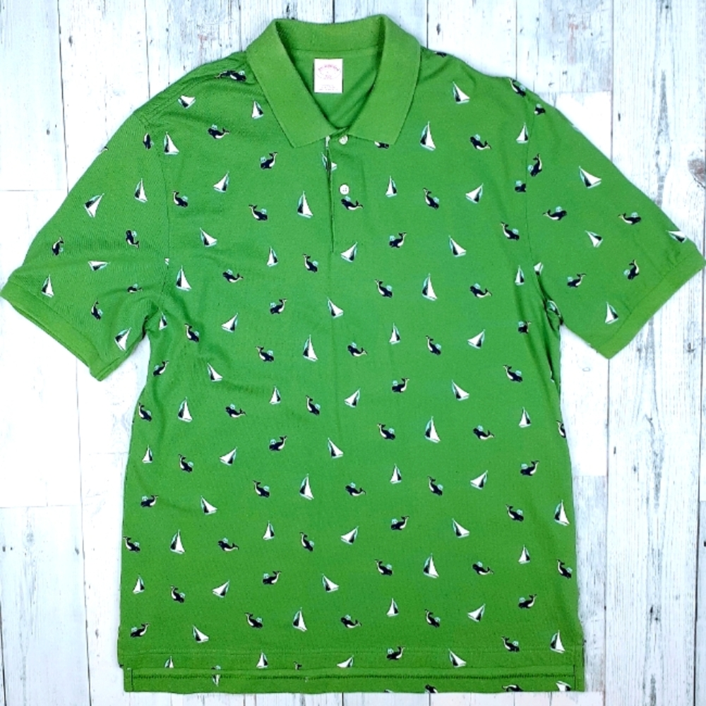 Brooks Brothers 346 Polo Shirt Mens Large Short Sleeve Green Sailboat Whale NICE
